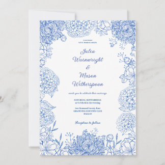 Elegante Bloemen  Blauw Bloemen Huwelijksuitnodigi Kaart