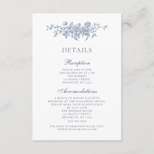 Elegante  Bloemen Blauw Bruiloft Details Informatiekaartje (Voorkant)