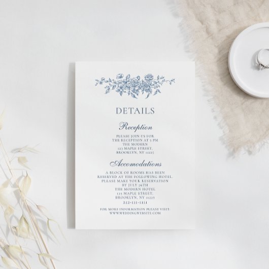 Elegante Bloemen Blauw Bruiloft Details Informatiekaartje