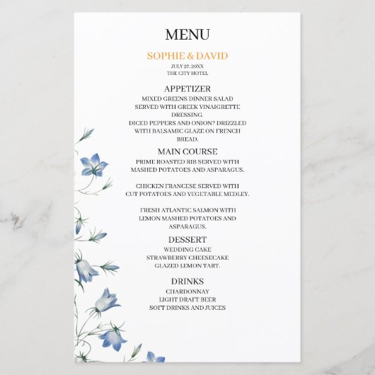 Elegante Bloemen Blauw Huwelijk Budget Menu (Voorkant)