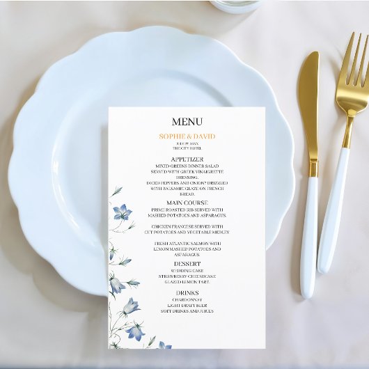Elegante Bloemen Blauw Huwelijk Budget Menu