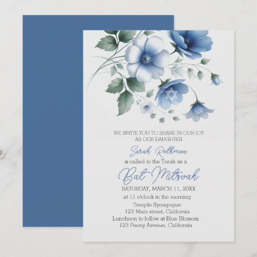 Elegante Bloemen Blauw Meisje Bat Mitzvah Kaart (Voorkant / Achterkant)