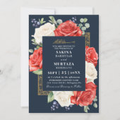 Elegante Bloemen Blauw Moslim Trouwen QR Code Kaart (Voorkant)