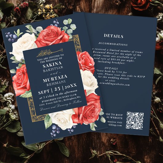 Elegante Bloemen Blauw Moslim Trouwen QR Code Kaart