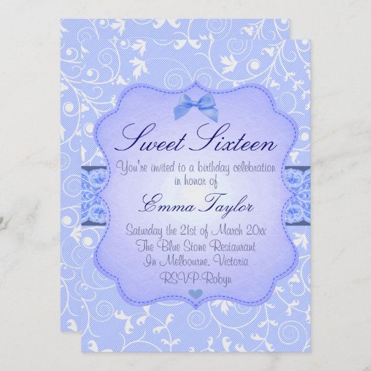 Elegante Bloemen Blauw Sweet16 Verjaardag uitnodig Kaart (Voorkant / Achterkant)