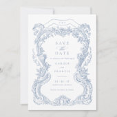 Elegante  Bloemen Blauw Toile Save the Date Kaart (Voorkant)
