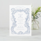 Elegante  Bloemen Blauw Toile Save the Date Kaart (Staand voorkant)