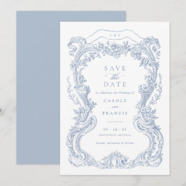 Elegante Bloemen Blauw Toile Save the Date Kaart