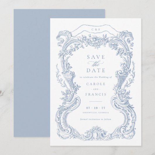 Elegante  Bloemen Blauw Toile Save the Date Kaart (Voorkant / Achterkant)