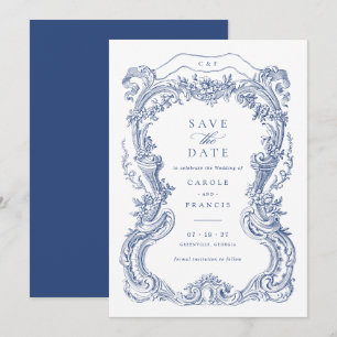 Elegante  Bloemen Blauw Toile Save the Date Kaart