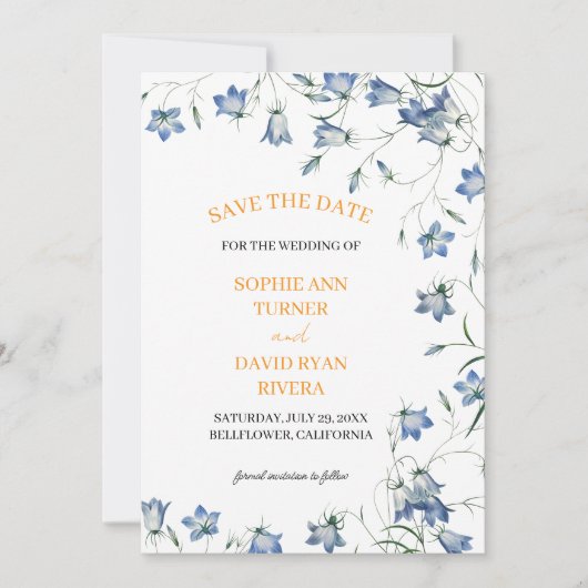 Elegante Bloemen Blauwe Bellflower bruiloft Save The Date (Voorkant)