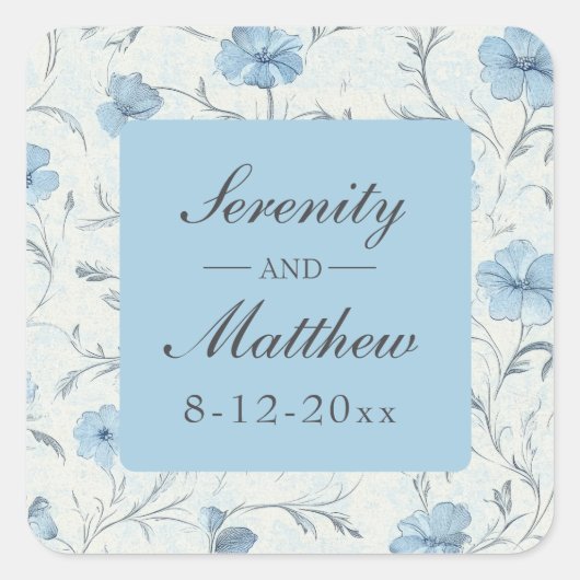Elegante Bloemen Blauwe Land Tuin Trouwen Vierkante Sticker (Voorkant)