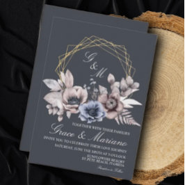 Elegante bloemen blauwe trouw uitnodiging