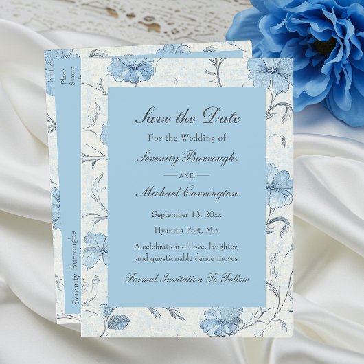 Elegante Bloemen Blauwe Tuin Trouwen Save the Date Aankondigingskaart