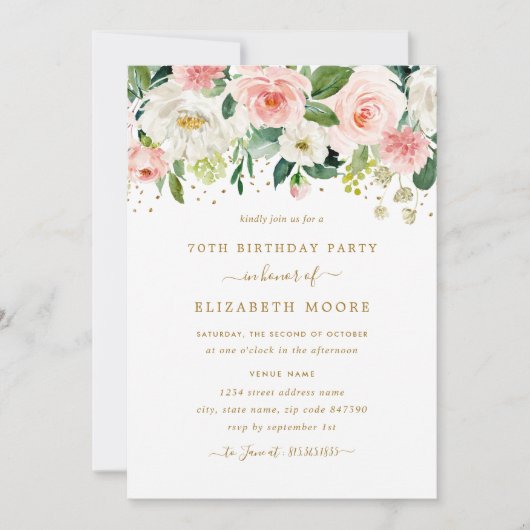 Elegante Bloemen Blush Goud 70ste Verjaardag Kaart (Voorkant)