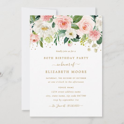 Elegante Bloemen Blush Goud 80ste Verjaardag Kaart (Voorkant)