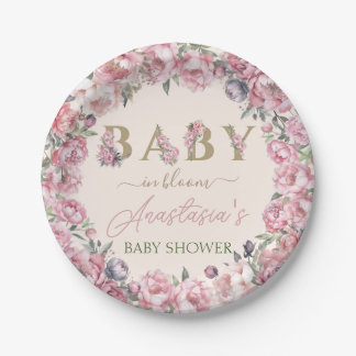 Elegante Bloemen Blush Pioenrozen in Bloom Baby sh Papieren Bordje