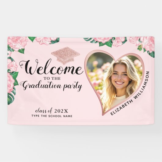 Elegante Bloemen Blush Roze Afstuderen Welkom Spandoek (Horizontaal)