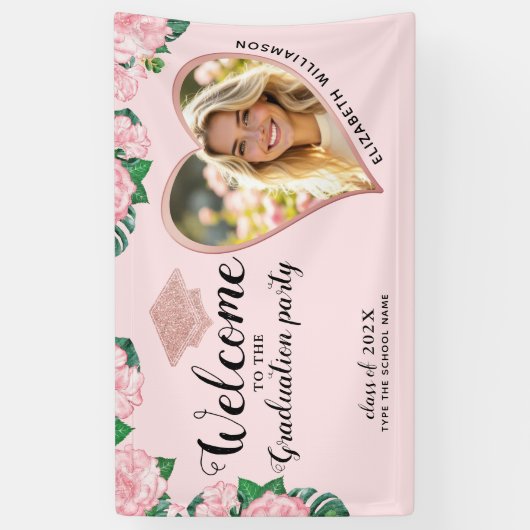 Elegante Bloemen Blush Roze Afstuderen Welkom Spandoek (Verticaal)