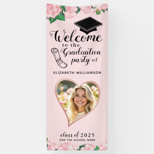 Elegante Bloemen Blush Roze Afstuderen Welkom Spandoek (Verticaal)