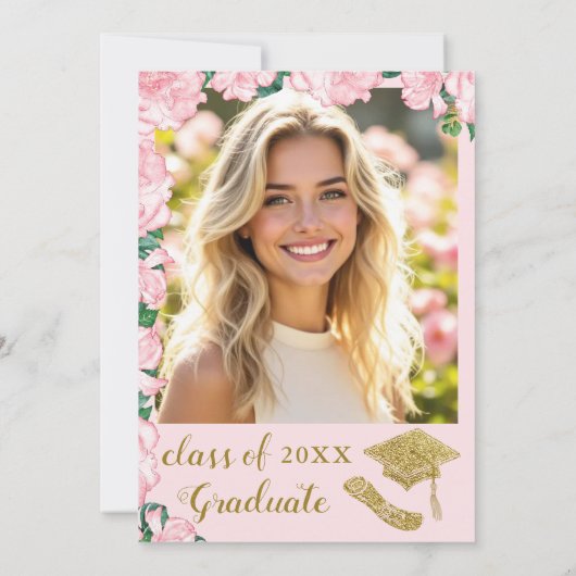 Elegante Bloemen Blush Roze en Gouden Afstuderen Kaart (Achterkant)