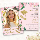Elegante Bloemen Blush Roze en Gouden Afstuderen Kaart