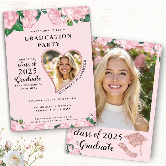 Elegante Bloemen Blush Roze Graduation Party Kaart