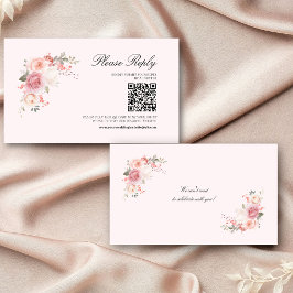 Elegante Bloemen Blush Roze QR Code Huwelijk RSVP Informatiekaartje