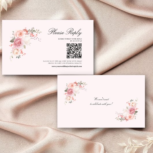 Elegante Bloemen Blush Roze QR Code Huwelijk RSVP Informatiekaartje
