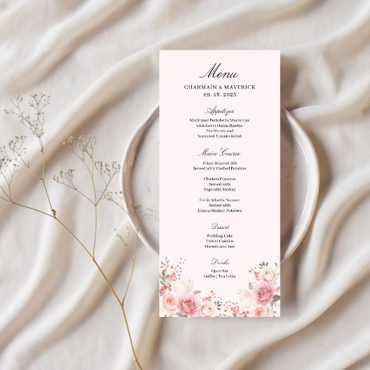 Elegante Bloemen Blush Roze Trouwtafel Menu