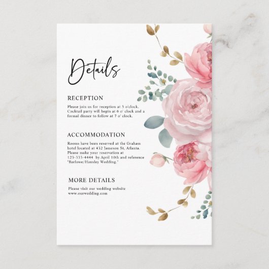 Elegante Bloemen Blush Roze Tuin Trouwdetails Informatiekaartje (Voorkant)