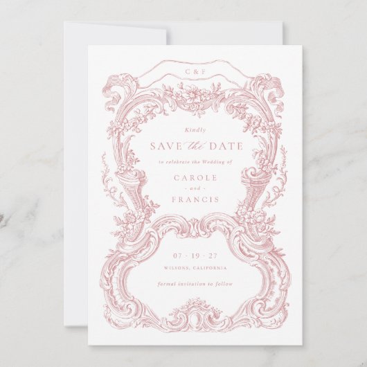 Elegante  Bloemen Blush Toile Save the Date Kaart (Voorkant)