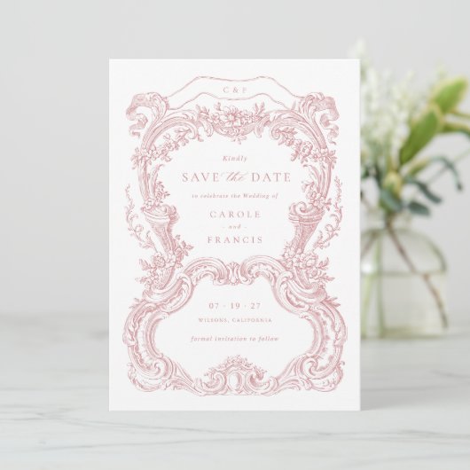 Elegante  Bloemen Blush Toile Save the Date Kaart (Staand voorkant)