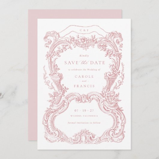Elegante Bloemen Blush Toile Save the Date Kaart (Voorkant / Achterkant)