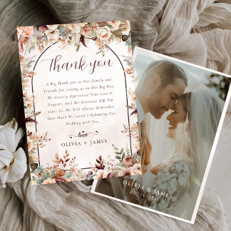 Elegante Bloemen Boho bruiloft Bedankkaart