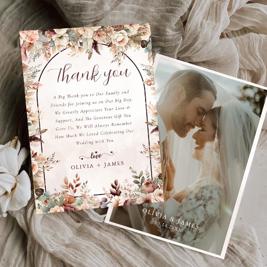 Elegante Bloemen Boho bruiloft Bedankkaart