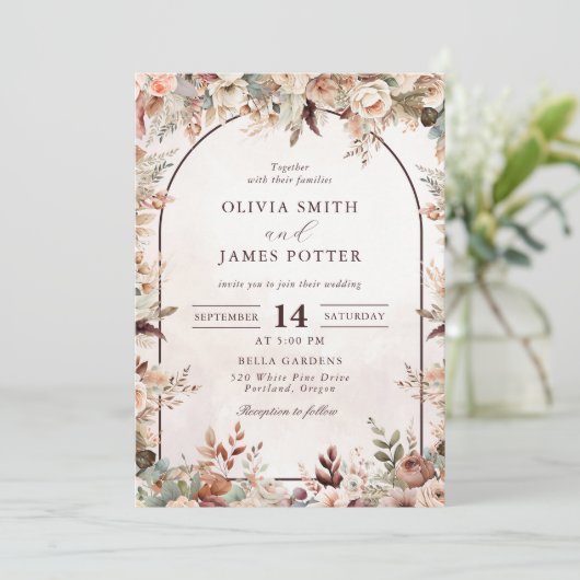 Elegante Bloemen Boho bruiloft Kaart (Staand voorkant)