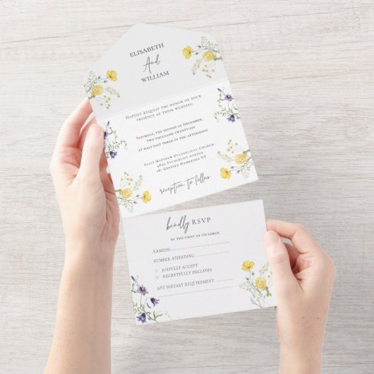 Elegante Bloemen Boho Wildflowers Wedding RSVP All In One Uitnodiging (Afscheurbaar)