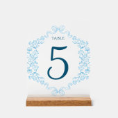Elegante Bloemen & Boog Blauw Trouwtafel Nummer Acryl Bord (Voorkant)