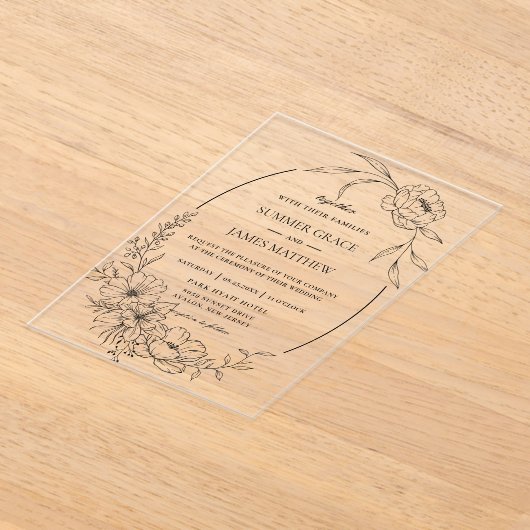 Elegante Bloemen Botanische Lijn Kunst Trouwen Acryl Uitnodigingen (Laagn)