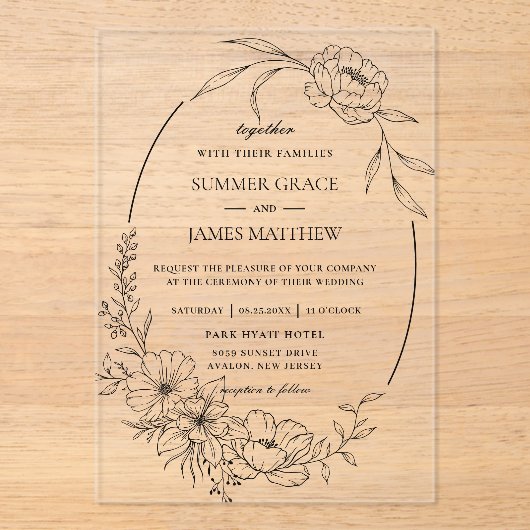 Elegante Bloemen Botanische Lijn Kunst Trouwen Acryl Uitnodigingen (Voorkant)