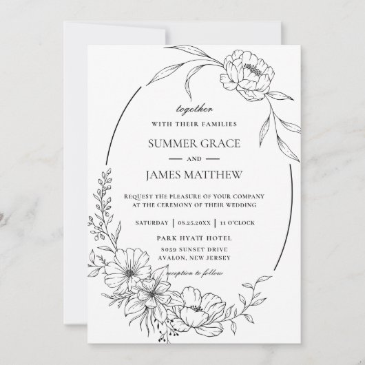 Elegante Bloemen Botanische Lijn Kunst Trouwen Kaart (Voorkant)