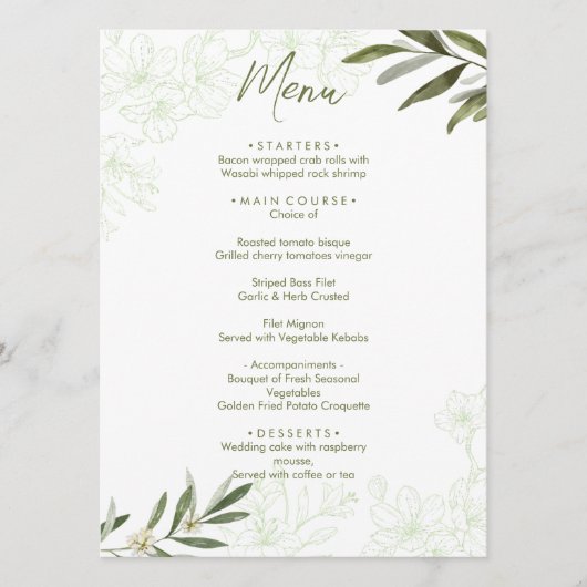 Elegante Bloemen Botanische Salie Groene bruiloft  Menu (Voorkant)