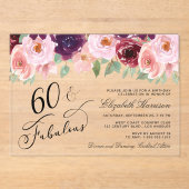 Elegante Bloemen Bourgogne Roze 60ste Verjaardag P Acryl Uitnodigingen (Voorkant)