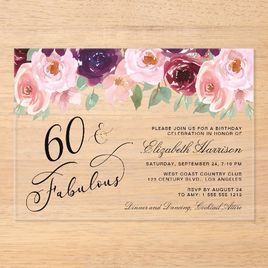 Elegante Bloemen Bourgogne Roze 60ste Verjaardag P Acryl Uitnodigingen (Voorkant)
