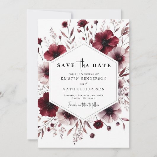 Elegante bloemen Bourgondische bruiloft Save The Date (Voorkant)
