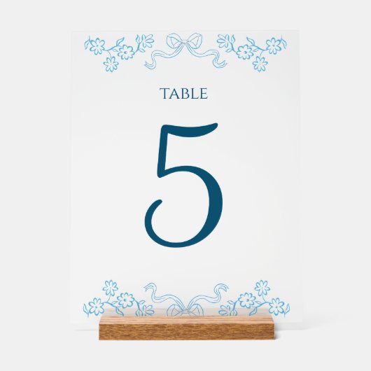 Elegante Bloemen Bow Chic Blauw Trouwtafel Nummer Acryl Bord (Voorkant)