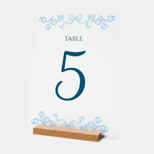 Elegante Bloemen Bow Chic Blauw Trouwtafel Nummer Acryl Bord (Hoek)