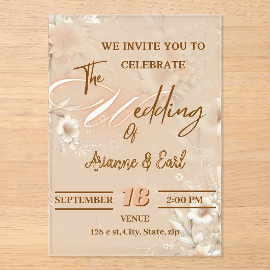 Elegante Bloemen bruiloft acryl uitnodiging (Voorkant)