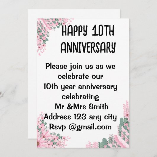 Elegante Bloemen bruiloft Jubileum Uitnodiging | B (Voorkant / Achterkant)